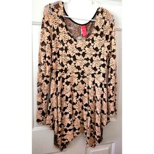 NOΛ Top L Tunic Lace Victorian Festival Fairy Boho Handkerchief Hem Tan & Black